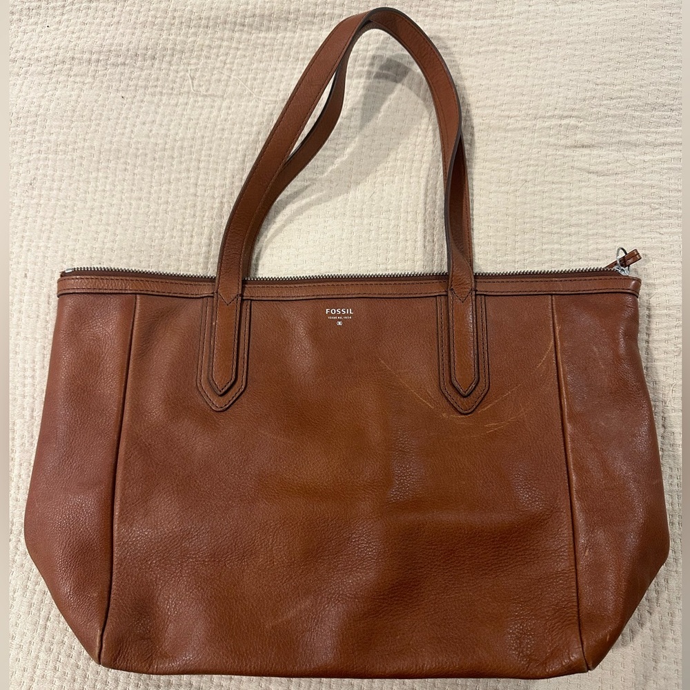 Fossil Sydney Chestnut Brown Crossgrain Leather Zip Shoulder Bag Tote & Shopper